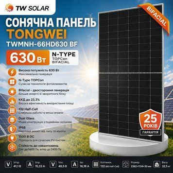 Сонячна панель TONGWEI TWMNH-66HD630 BF 630 Вт N-Type TOPCon Bifacial 3161540605 фото